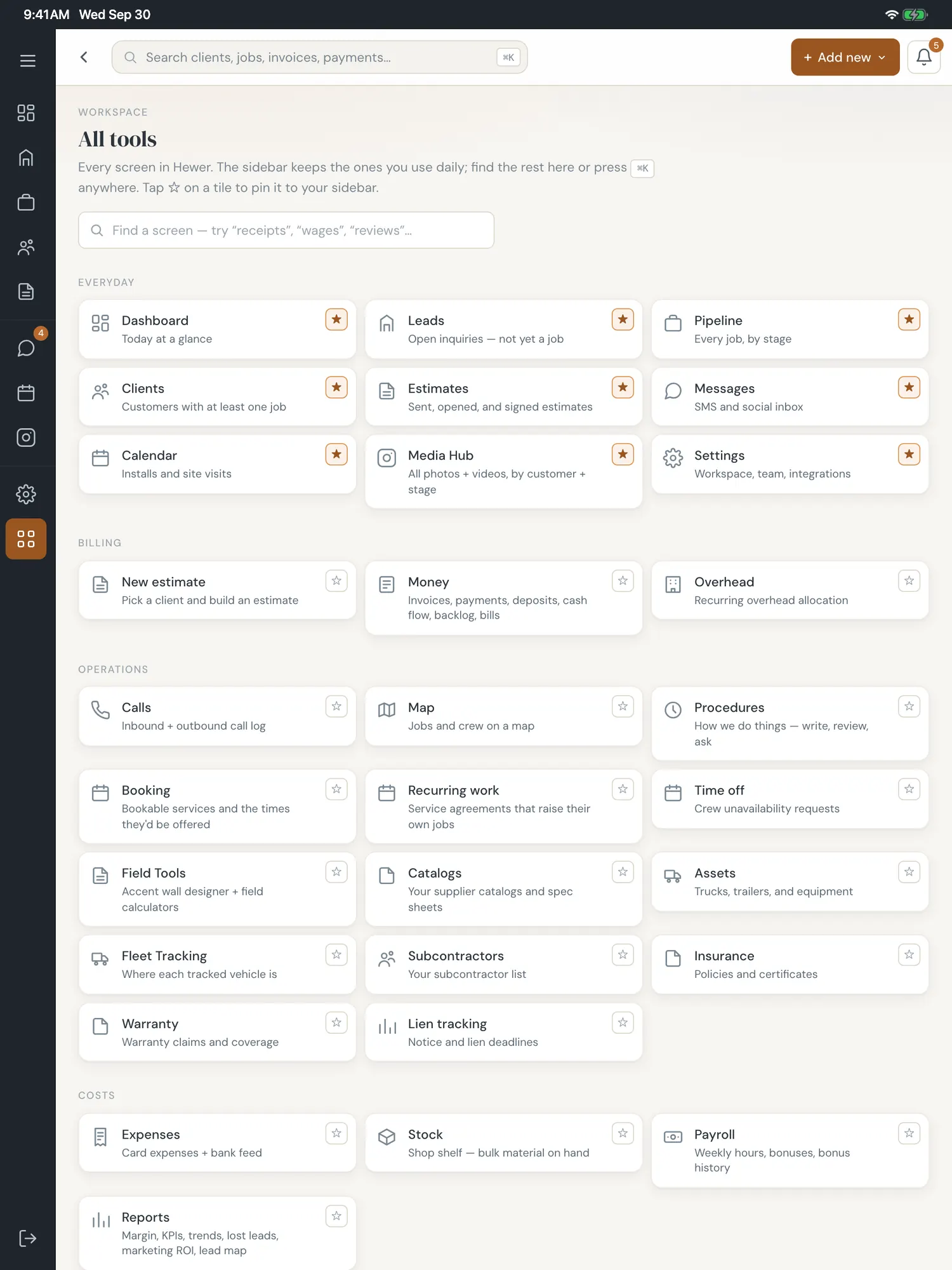 The All tools page listing every screen in Hewer by area: everyday, billing, operations, costs.
