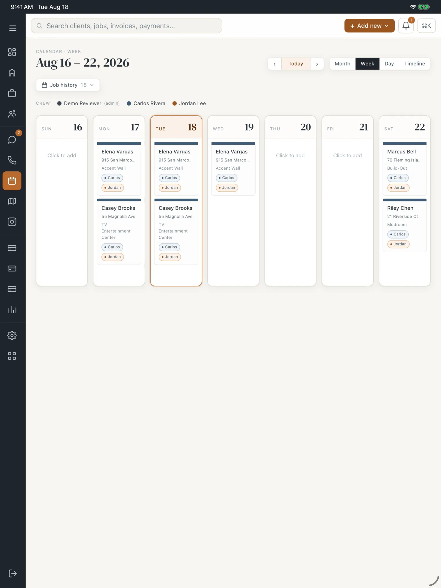 The week calendar with jobs laid out by day and the crew assigned to each.