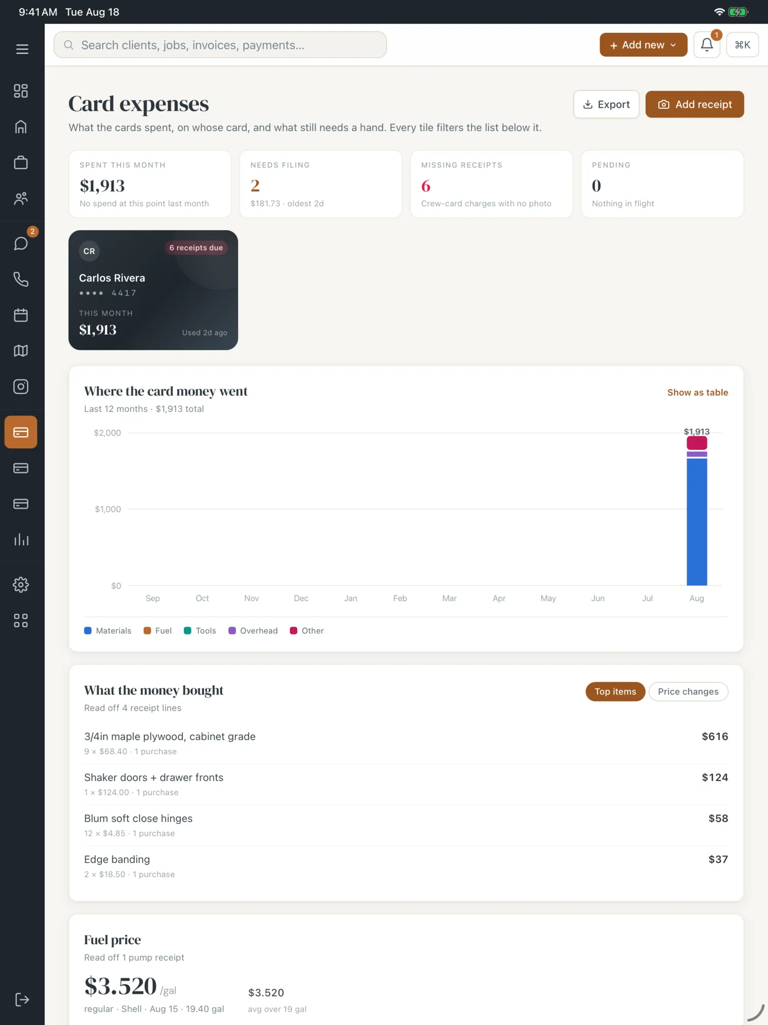 The card-expense ledger, crew-card charges matched to jobs with the unmatched ones pinned to the top.