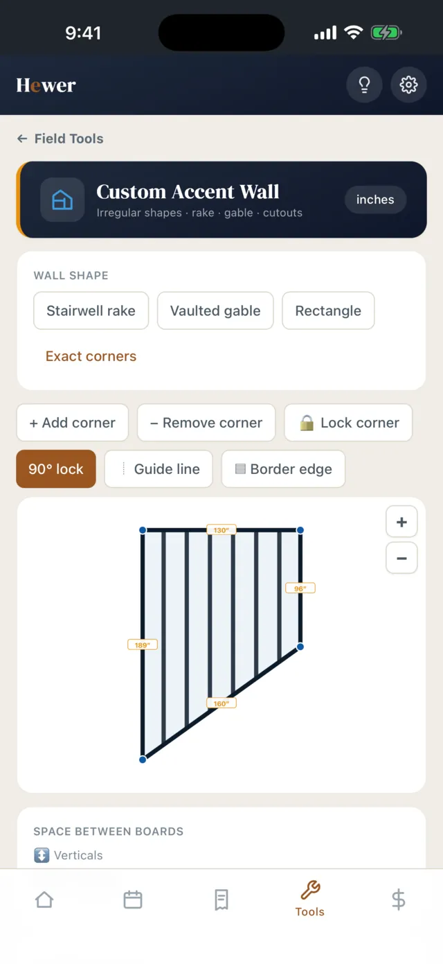 The accent wall editor laying out battens on a wall, with the cut list and price underneath.