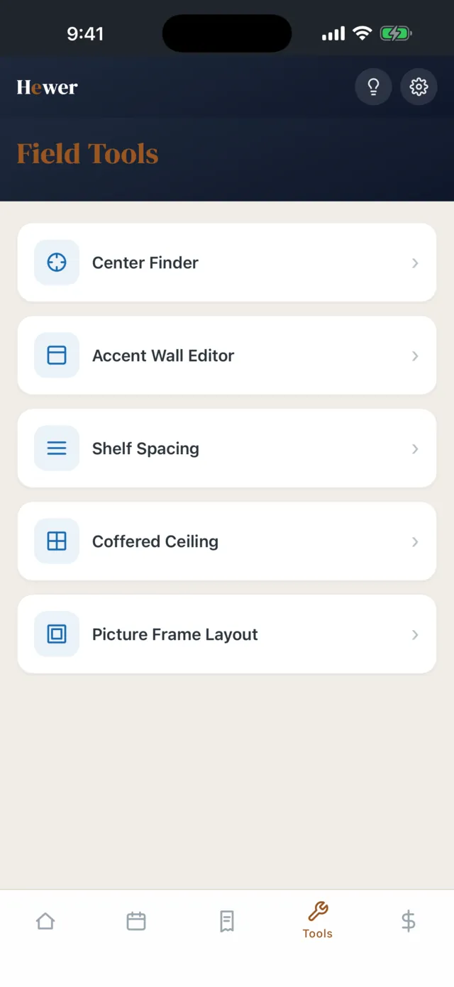 The crew app's field tools menu listing the layout calculators.